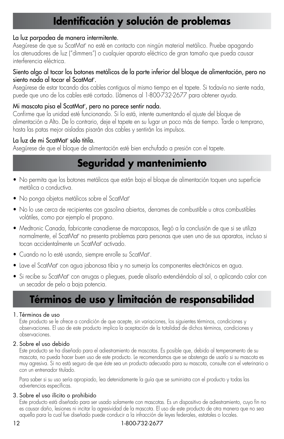 Identificación y solución de problemas, Seguridad y mantenimiento, Términos de uso y limitación de responsabilidad | Petsafe ScatMat® Automatic Indoor Pet Training User Manual | Page 12 / 16