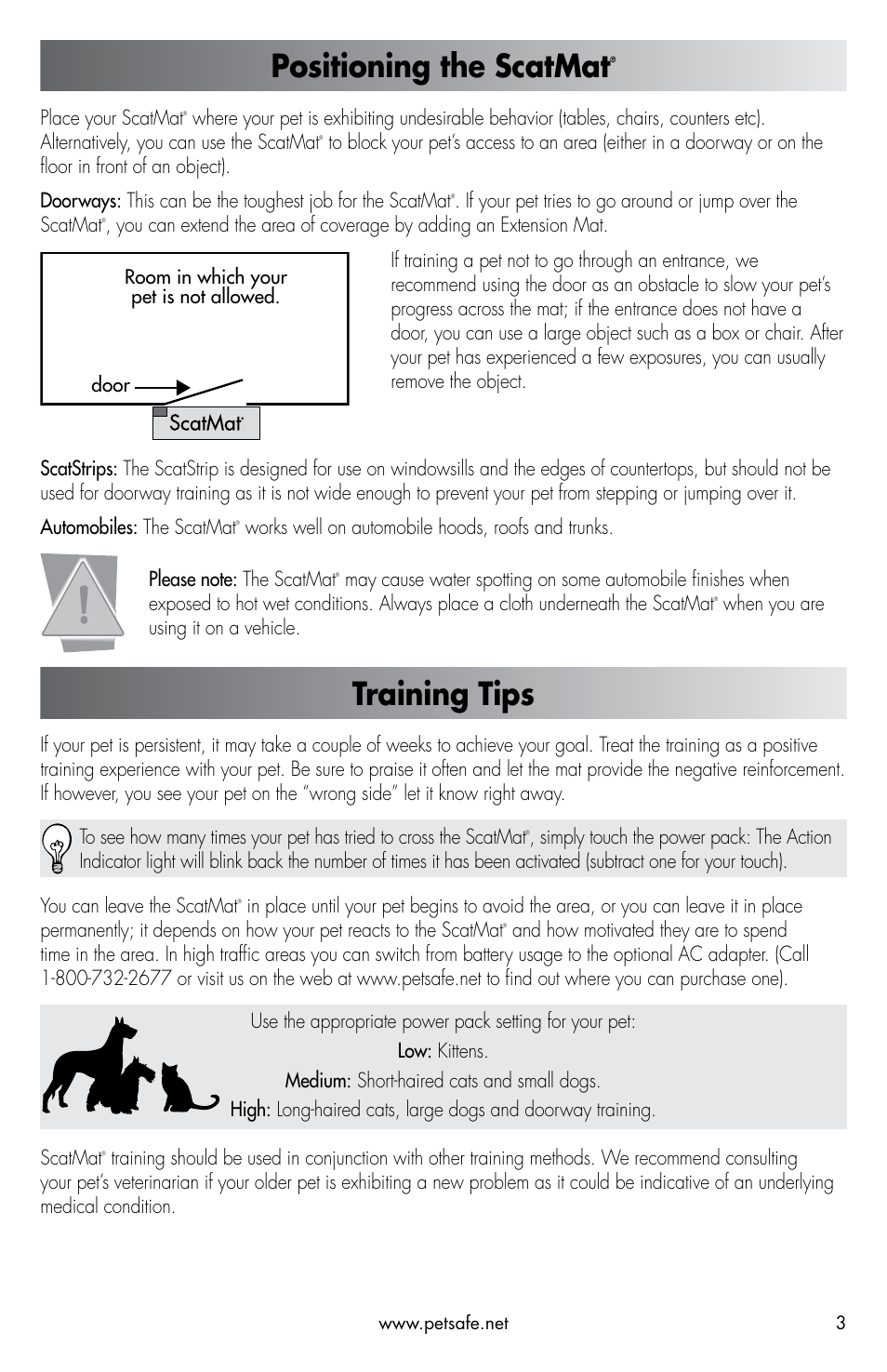 Positioning the scatmat, Training tips | Petsafe ScatMat® Automatic Indoor Pet Training User Manual | Page 3 / 16