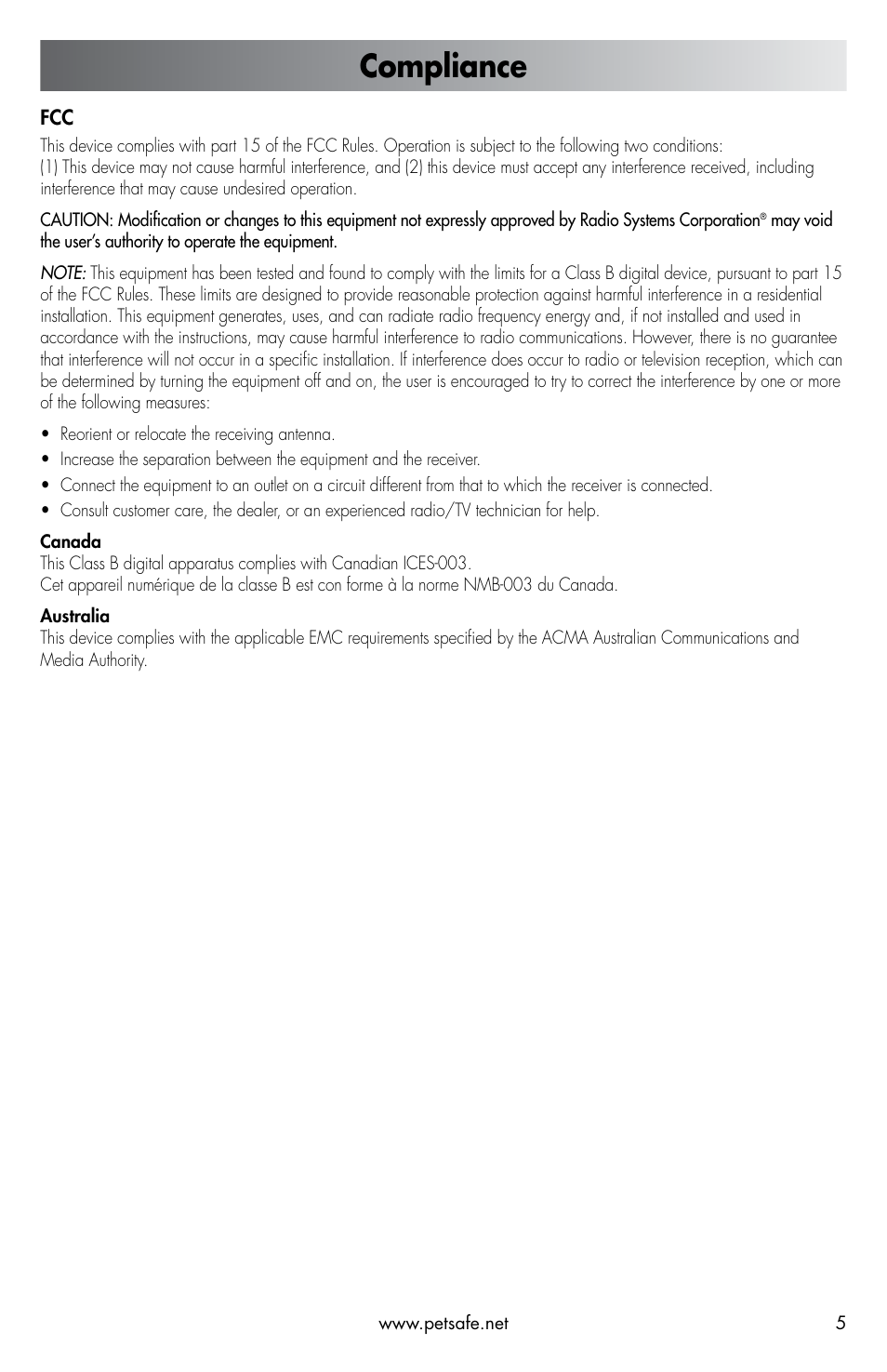 Compliance | Petsafe ScatMat® Automatic Indoor Pet Training User Manual | Page 5 / 16