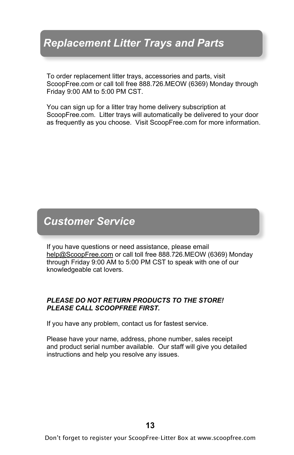Replacement litter trays and parts, Customer service | Petsafe ScoopFree Original Self-Cleaning Litter Box User Manual | Page 13 / 16