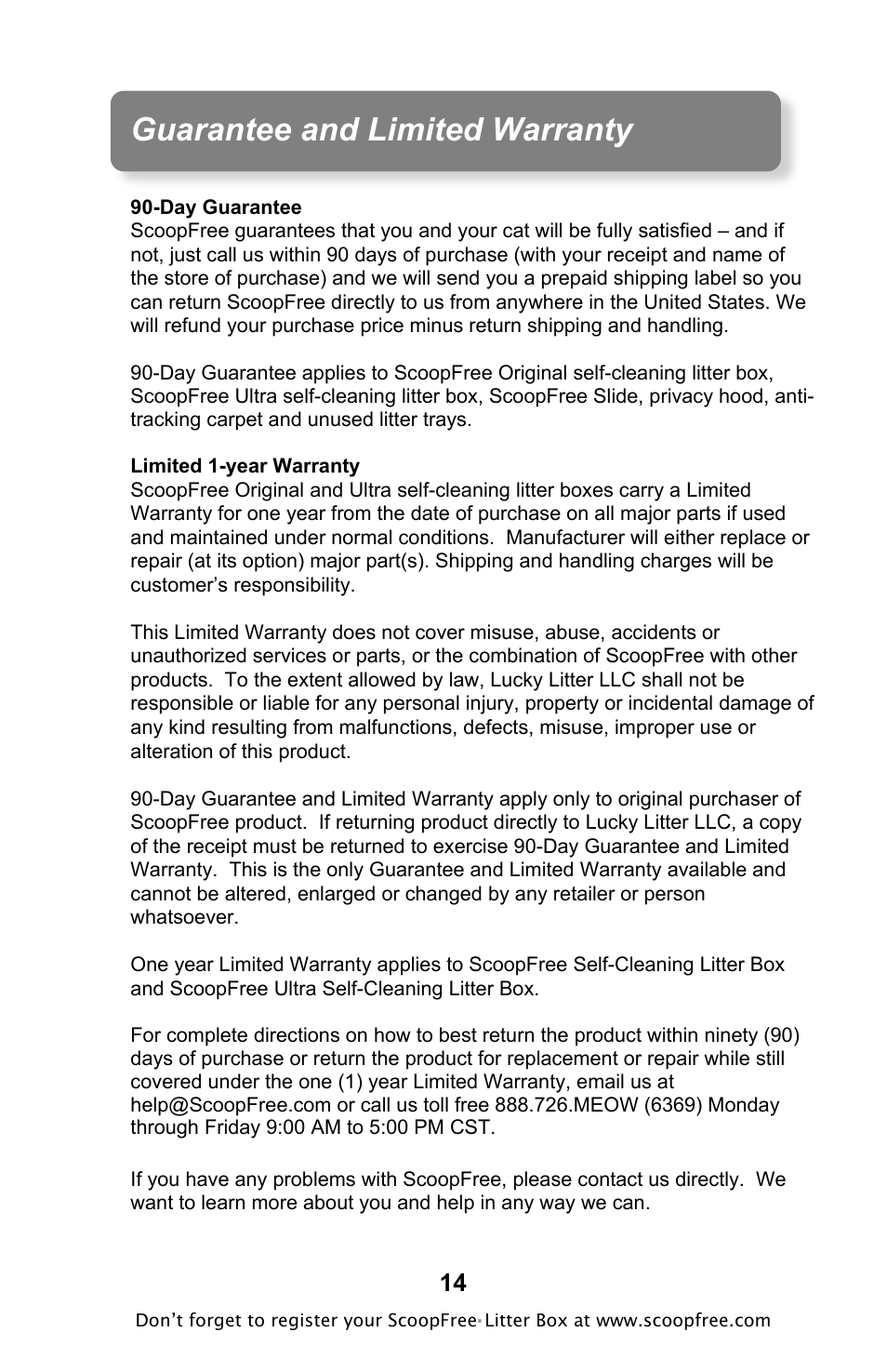 Guarantee and limited warranty | Petsafe ScoopFree Original Self-Cleaning Litter Box User Manual | Page 14 / 16
