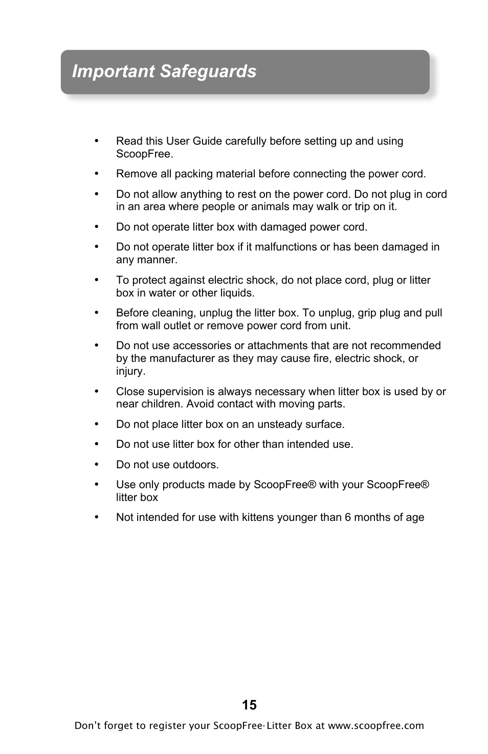 Important safeguards | Petsafe ScoopFree Original Self-Cleaning Litter Box User Manual | Page 15 / 16