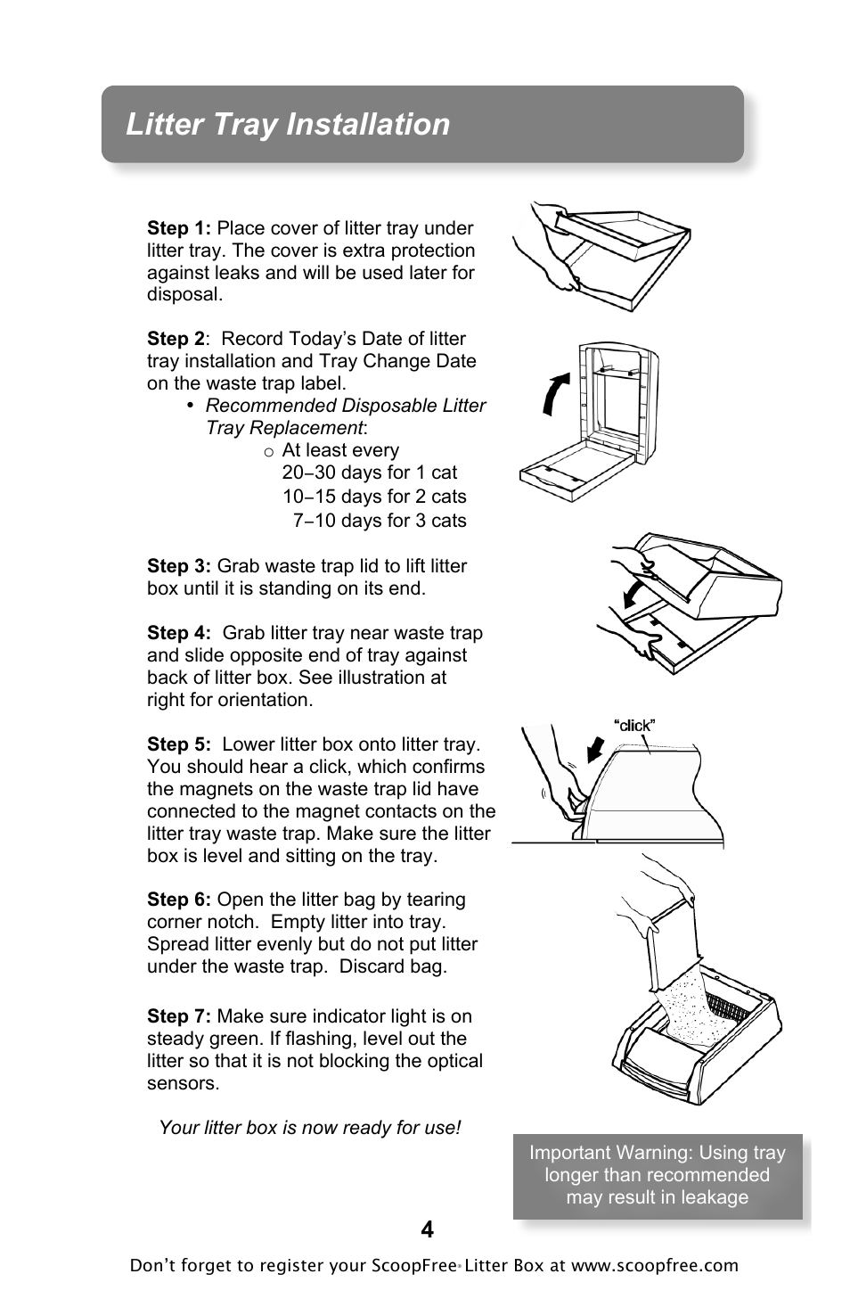 Litter tray installation | Petsafe ScoopFree Original Self-Cleaning Litter Box User Manual | Page 4 / 16