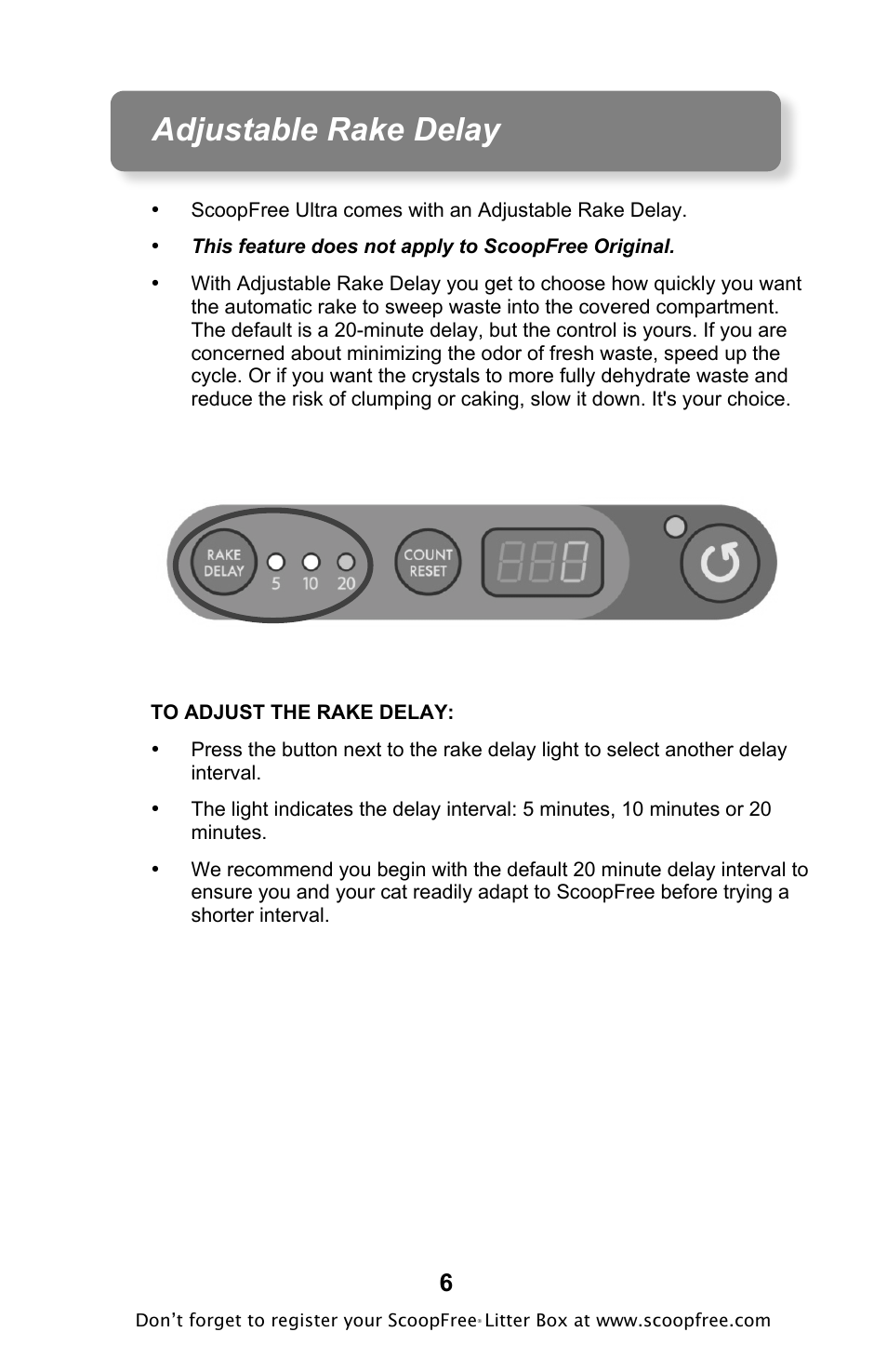 Adjustable rake delay | Petsafe ScoopFree Original Self-Cleaning Litter Box User Manual | Page 6 / 16