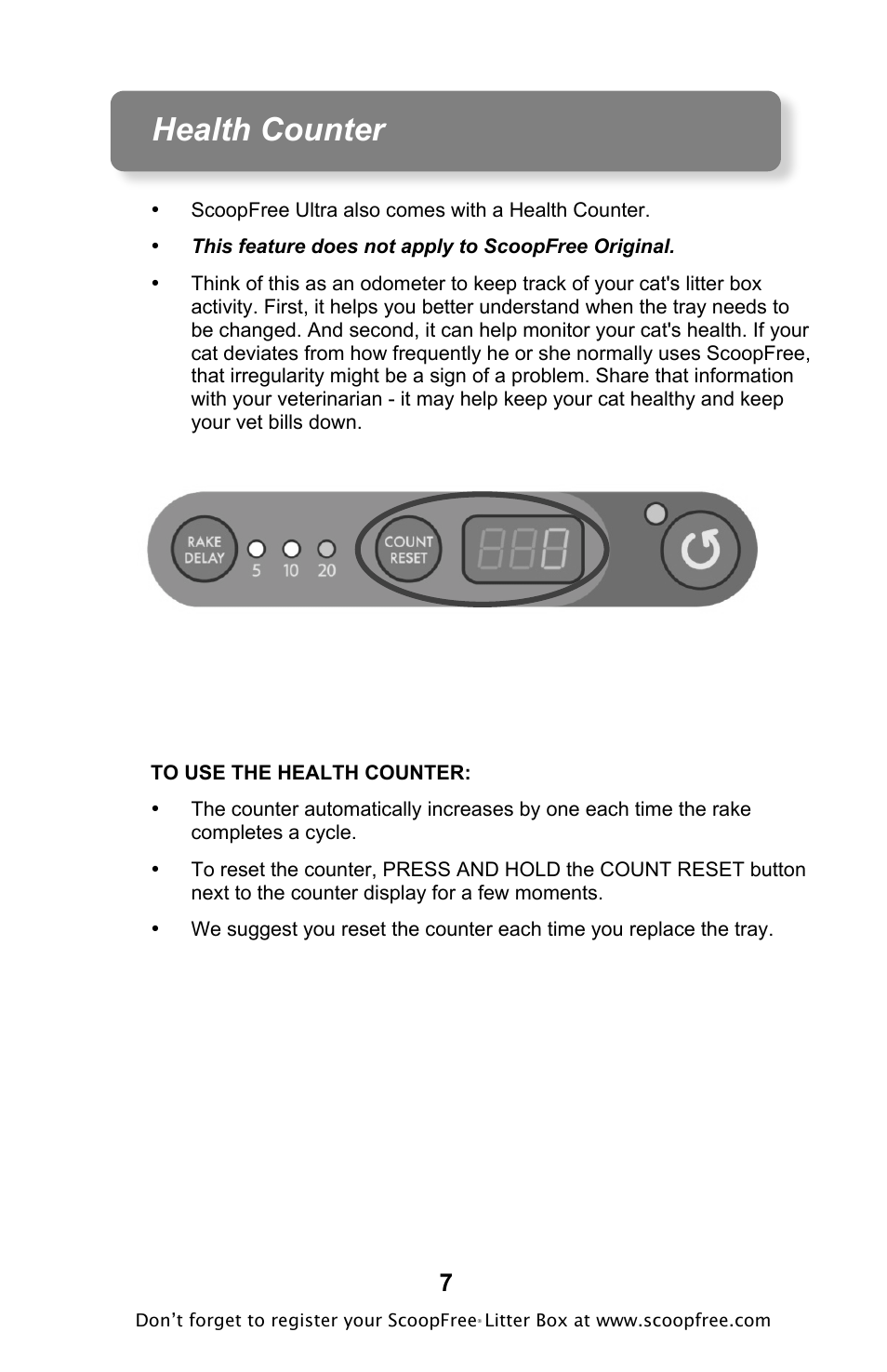 Health counter | Petsafe ScoopFree Original Self-Cleaning Litter Box User Manual | Page 7 / 16