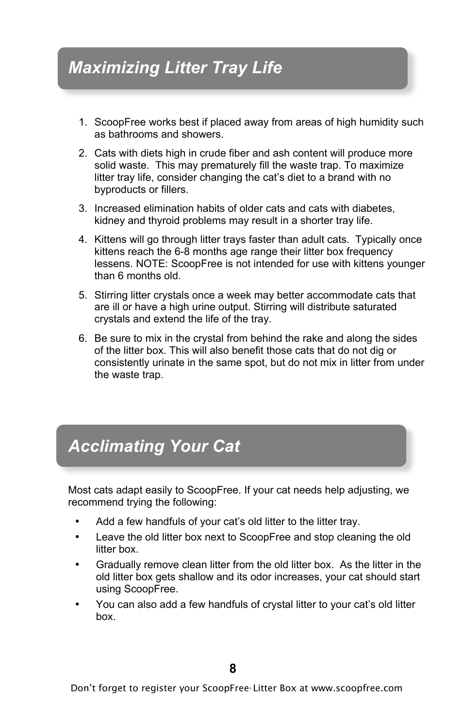 Maximizing litter tray life, Acclimating your cat | Petsafe ScoopFree Original Self-Cleaning Litter Box User Manual | Page 8 / 16