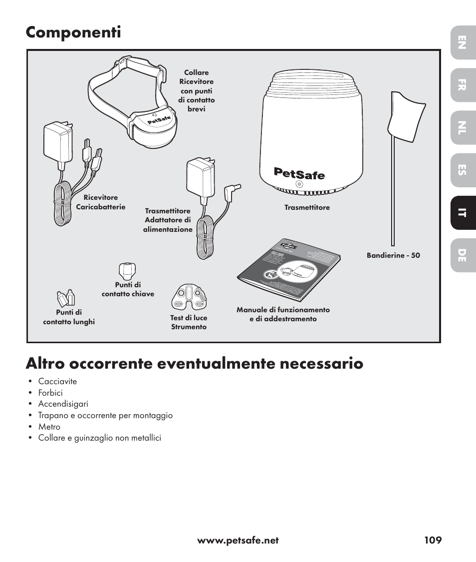 Componenti, Altro occorrente eventualmente necessario, De nl it fr es en | Petsafe Stay+Play Wireless Fence PIF17-13478 User Manual | Page 109 / 160