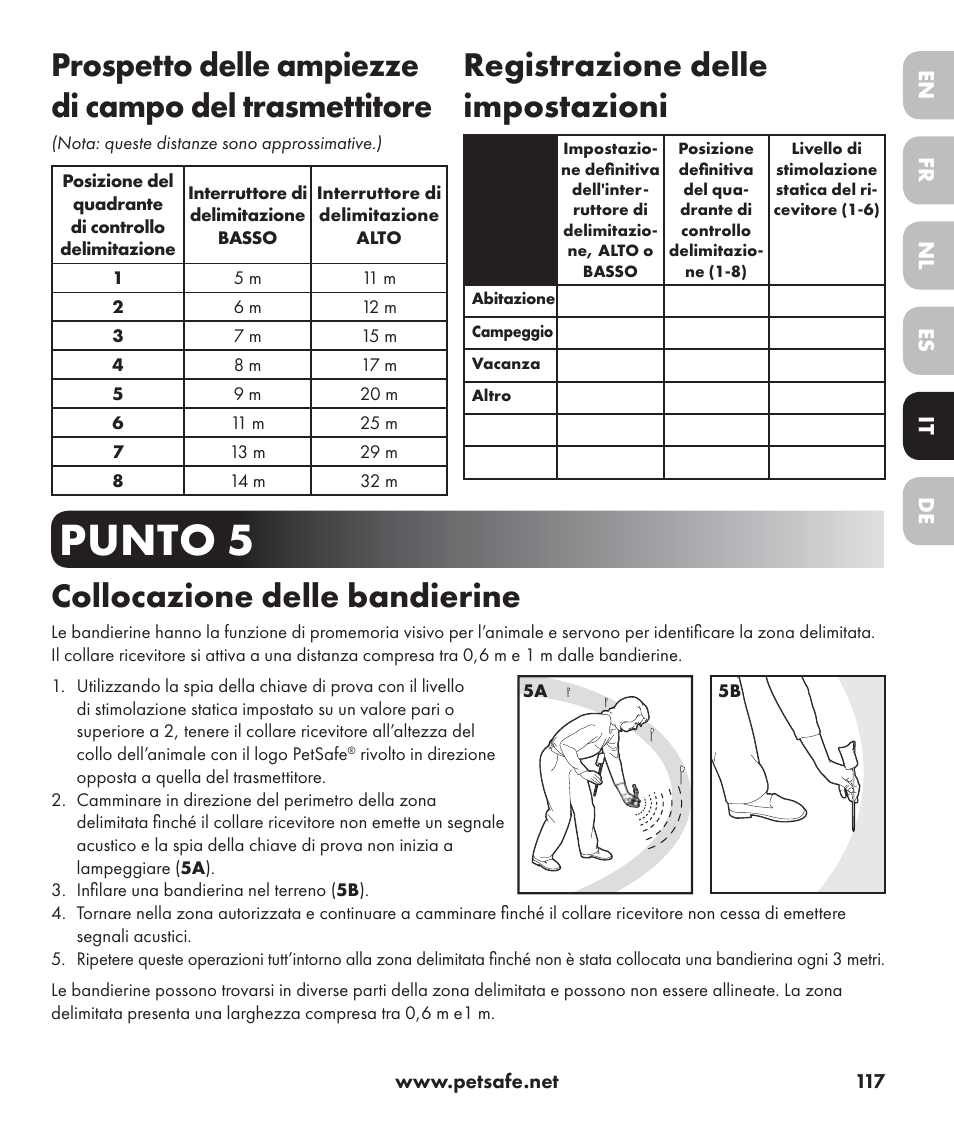 Punto 5, Registrazione delle impostazioni, Collocazione delle bandierine | Petsafe Stay+Play Wireless Fence PIF17-13478 User Manual | Page 117 / 160
