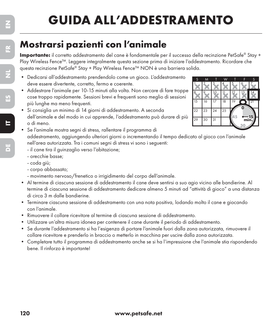 Guida all’addestramento, Mostrarsi pazienti con l’animale, En es fr it nl de | Petsafe Stay+Play Wireless Fence PIF17-13478 User Manual | Page 120 / 160