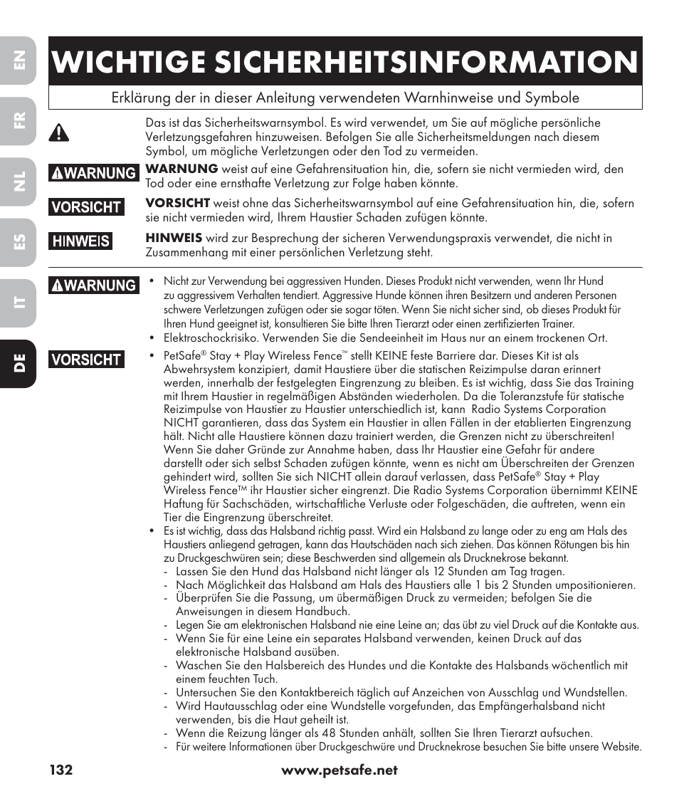 Wichtige sicherheitsinformation, En es fr it nl de | Petsafe Stay+Play Wireless Fence PIF17-13478 User Manual | Page 132 / 160