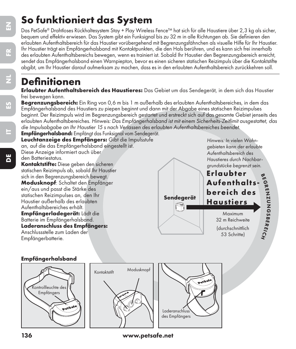 So funktioniert das system, Definitionen, Erlaubter aufenthalts- bereich des haustiers | En es fr it nl de | Petsafe Stay+Play Wireless Fence PIF17-13478 User Manual | Page 136 / 160