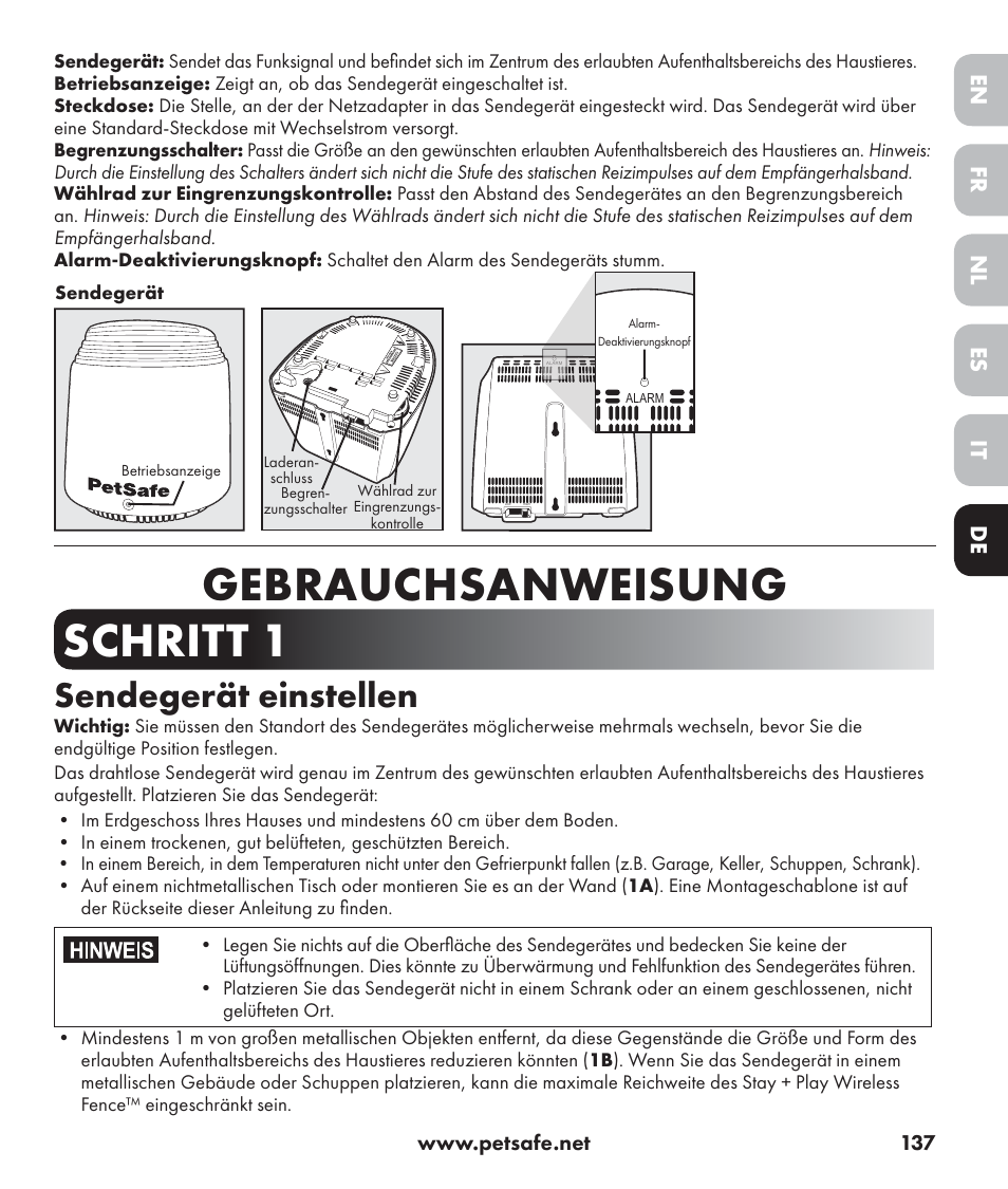 Gebrauchsanweisung schritt 1, Sendegerät einstellen, De nl it fr es en | Petsafe Stay+Play Wireless Fence PIF17-13478 User Manual | Page 137 / 160