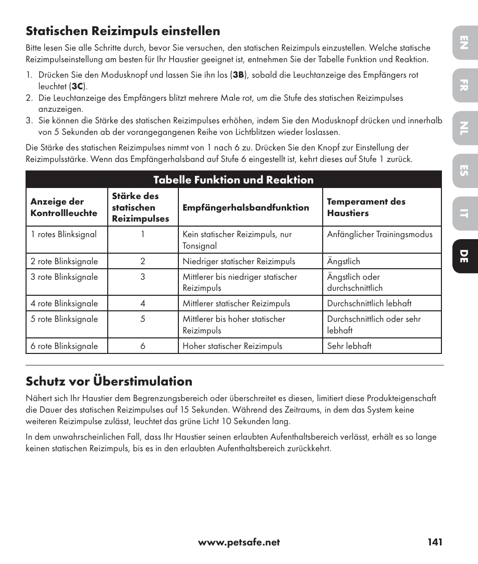 Statischen reizimpuls einstellen, Schutz vor überstimulation | Petsafe Stay+Play Wireless Fence PIF17-13478 User Manual | Page 141 / 160