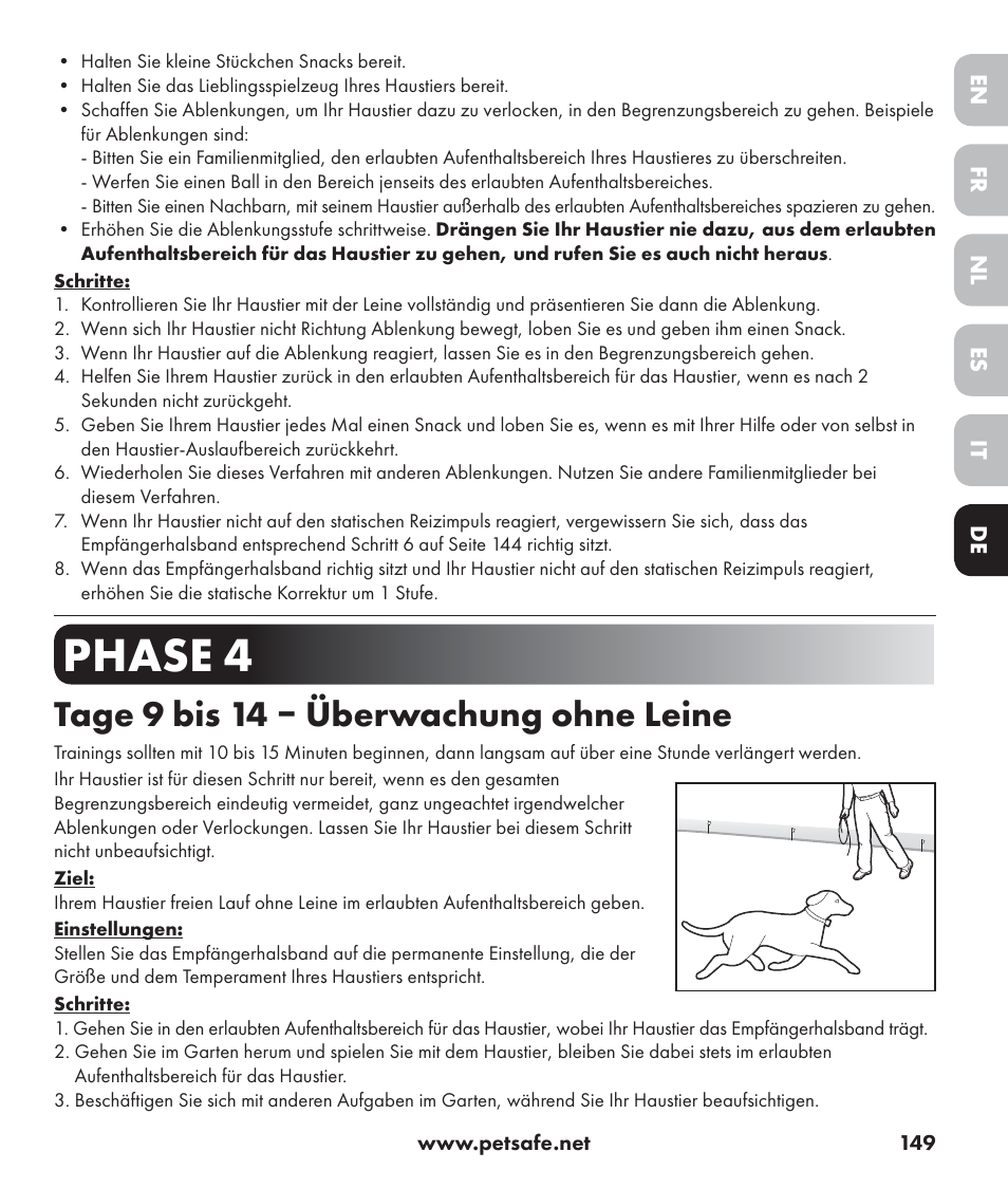 Phase 4, Tage 9 bis 14 ‒ überwachung ohne leine | Petsafe Stay+Play Wireless Fence PIF17-13478 User Manual | Page 149 / 160