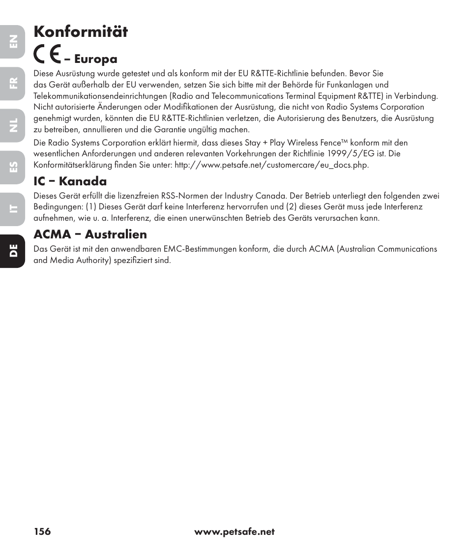 Konformität, Europa, Ic ‒ kanada | Acma ‒ australien | Petsafe Stay+Play Wireless Fence PIF17-13478 User Manual | Page 156 / 160