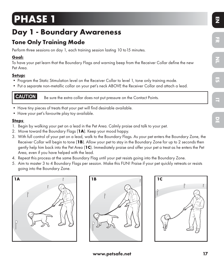 Phase 1, Day 1 - boundary awareness, Tone only training mode | Petsafe Stay+Play Wireless Fence PIF17-13478 User Manual | Page 17 / 160