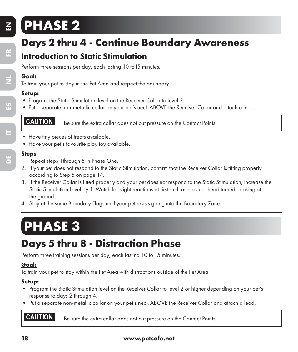 Phase 2, Phase 3, Days 2 thru 4 - continue boundary awareness | Days 5 thru 8 - distraction phase | Petsafe Stay+Play Wireless Fence PIF17-13478 User Manual | Page 18 / 160