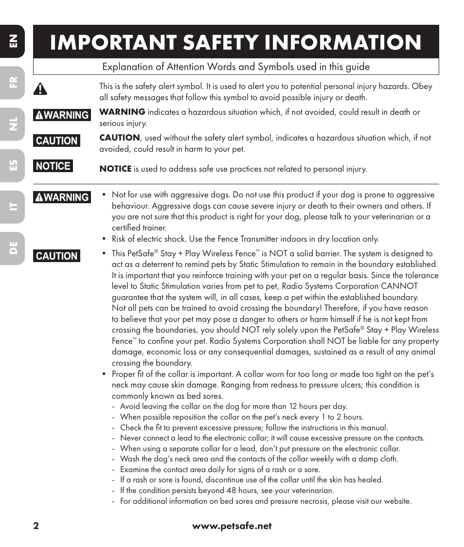 Important safety information | Petsafe Stay+Play Wireless Fence PIF17-13478 User Manual | Page 2 / 160