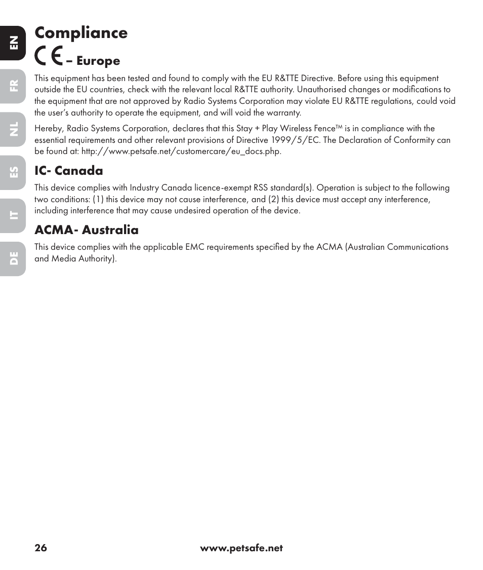 Compliance, Europe, Ic- canada | Acma- australia | Petsafe Stay+Play Wireless Fence PIF17-13478 User Manual | Page 26 / 160