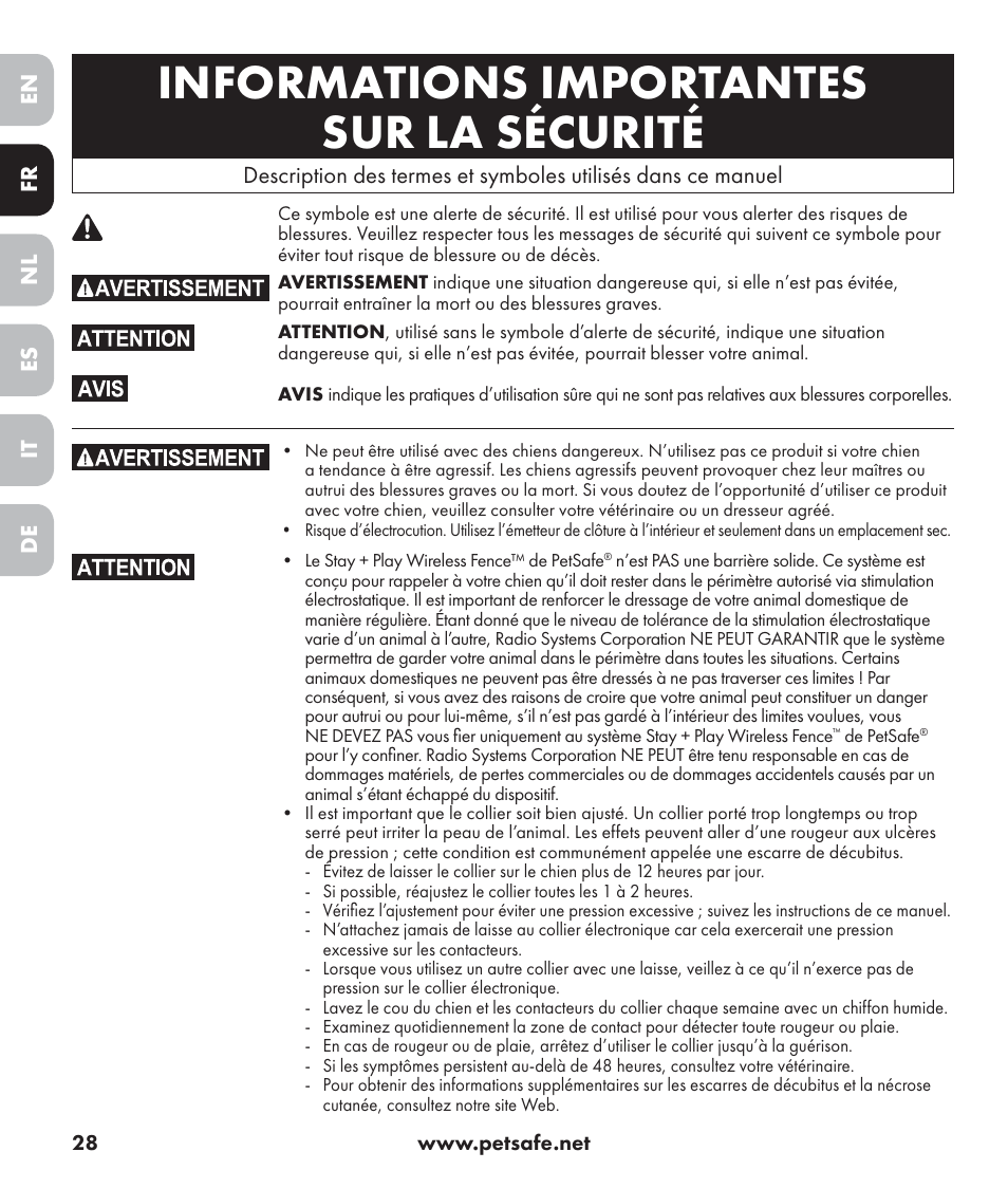 Informations importantes sur la sécurité, En es fr it nl de | Petsafe Stay+Play Wireless Fence PIF17-13478 User Manual | Page 28 / 160
