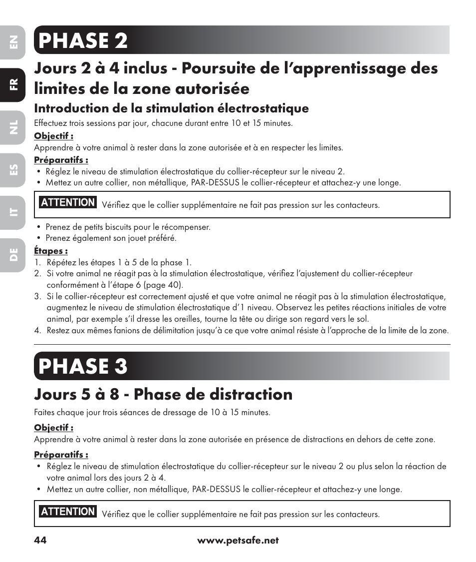 Phase 2, Phase 3, Jours 5 à 8 - phase de distraction | Petsafe Stay+Play Wireless Fence PIF17-13478 User Manual | Page 44 / 160