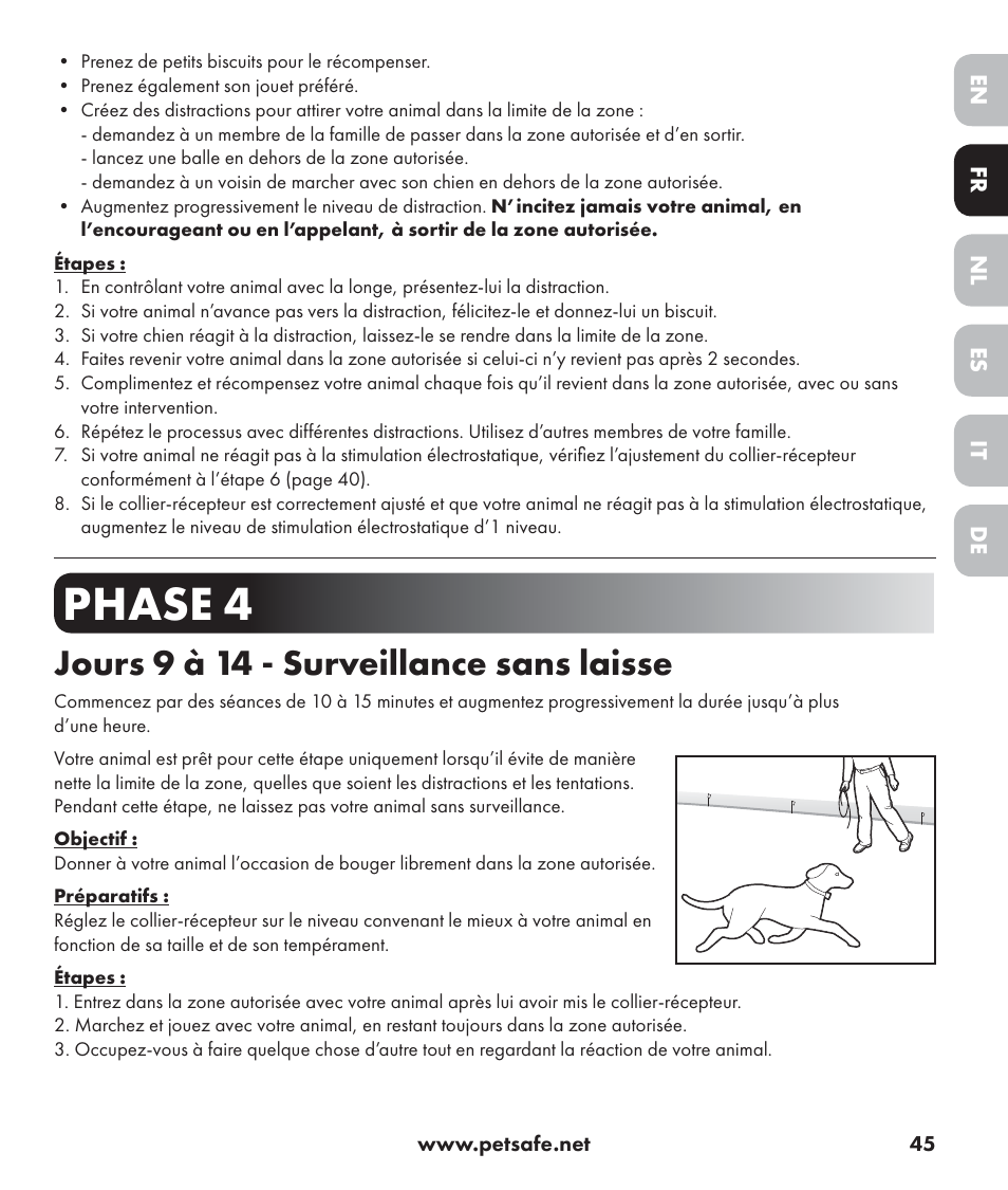 Phase 4, Jours 9 à 14 - surveillance sans laisse | Petsafe Stay+Play Wireless Fence PIF17-13478 User Manual | Page 45 / 160