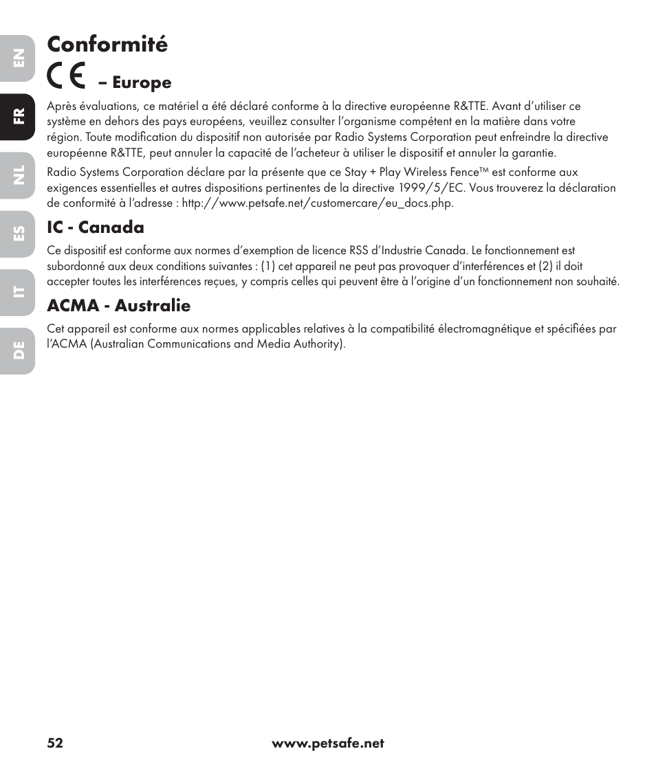 Conformité, Europe, Ic - canada | Acma - australie | Petsafe Stay+Play Wireless Fence PIF17-13478 User Manual | Page 52 / 160