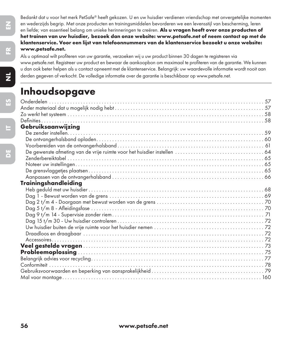 Inhoudsopgave | Petsafe Stay+Play Wireless Fence PIF17-13478 User Manual | Page 56 / 160
