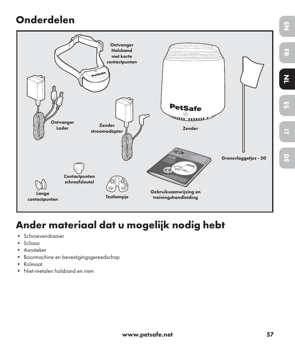 Onderdelen, Ander materiaal dat u mogelijk nodig hebt, De nl it fr es en | Petsafe Stay+Play Wireless Fence PIF17-13478 User Manual | Page 57 / 160