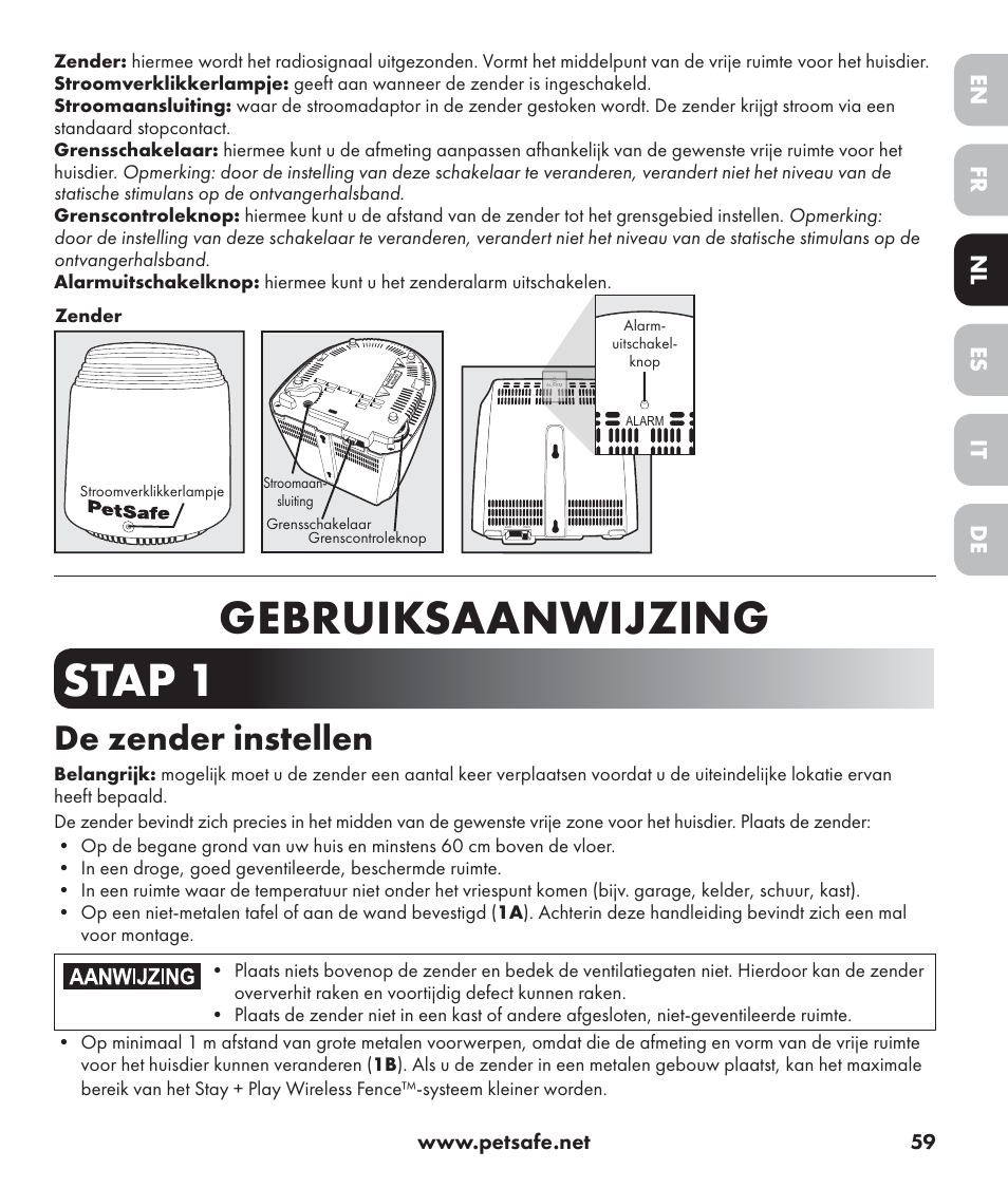 Gebruiksaanwijzing stap 1, De zender instellen, De nl it fr es en | Petsafe Stay+Play Wireless Fence PIF17-13478 User Manual | Page 59 / 160