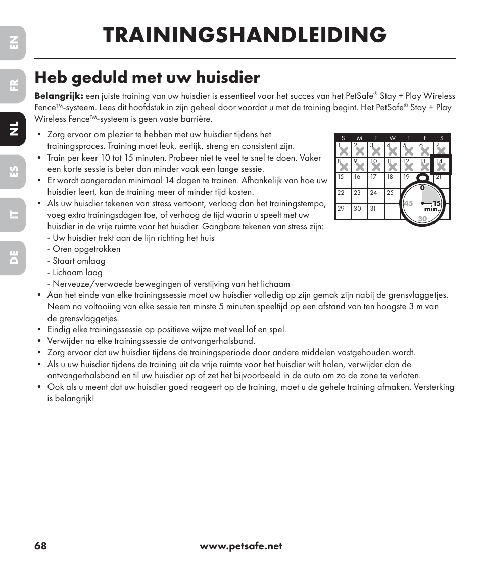 Trainingshandleiding, Heb geduld met uw huisdier, En es fr it nl de | Petsafe Stay+Play Wireless Fence PIF17-13478 User Manual | Page 68 / 160