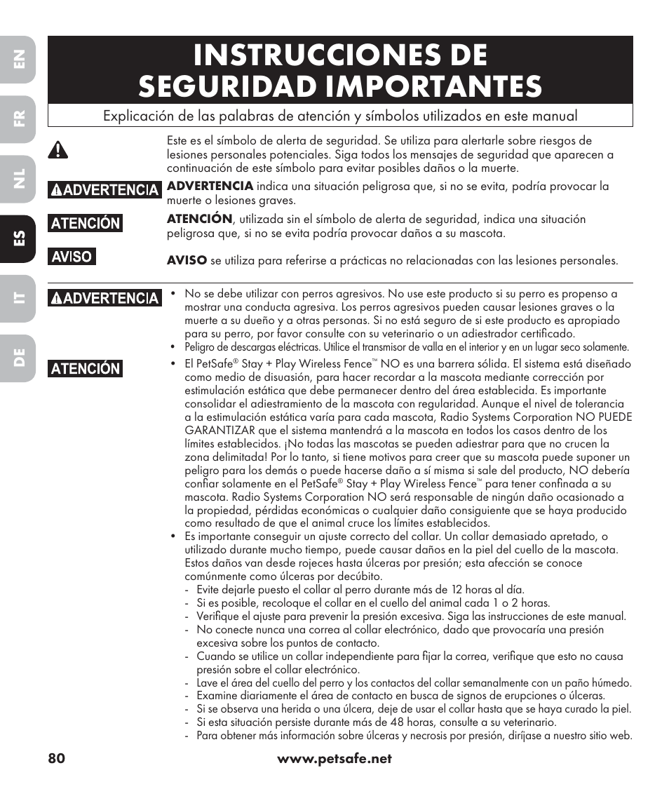 Instrucciones de seguridad importantes, En es fr it nl de | Petsafe Stay+Play Wireless Fence PIF17-13478 User Manual | Page 80 / 160