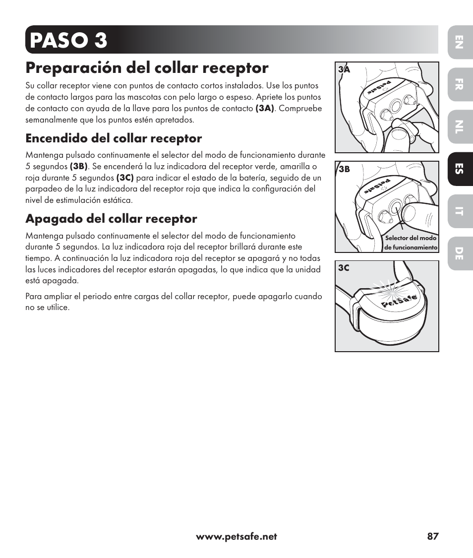 Paso 3, Preparación del collar receptor, Encendido del collar receptor | Apagado del collar receptor | Petsafe Stay+Play Wireless Fence PIF17-13478 User Manual | Page 87 / 160