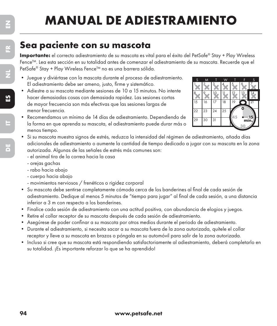 Manual de adiestramiento, Sea paciente con su mascota, En es fr it nl de | Petsafe Stay+Play Wireless Fence PIF17-13478 User Manual | Page 94 / 160