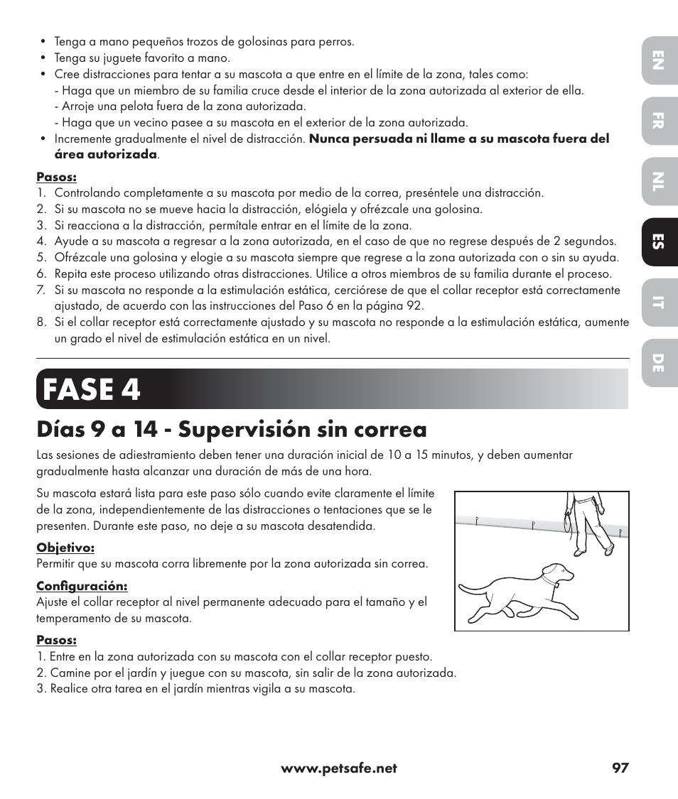 Fase 4, Días 9 a 14 - supervisión sin correa | Petsafe Stay+Play Wireless Fence PIF17-13478 User Manual | Page 97 / 160