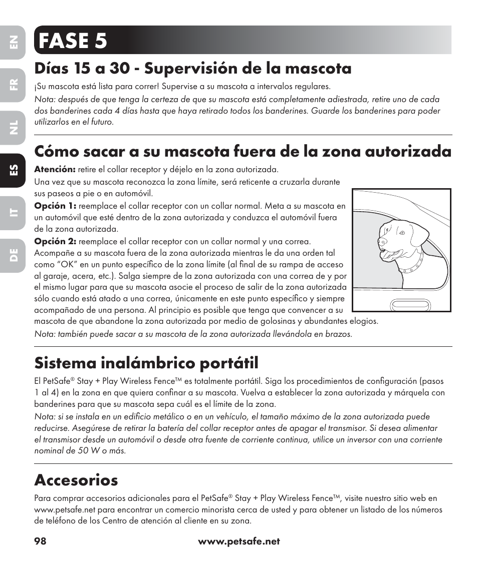 Fase 5, Días 15 a 30 - supervisión de la mascota, Sistema inalámbrico portátil | Accesorios | Petsafe Stay+Play Wireless Fence PIF17-13478 User Manual | Page 98 / 160