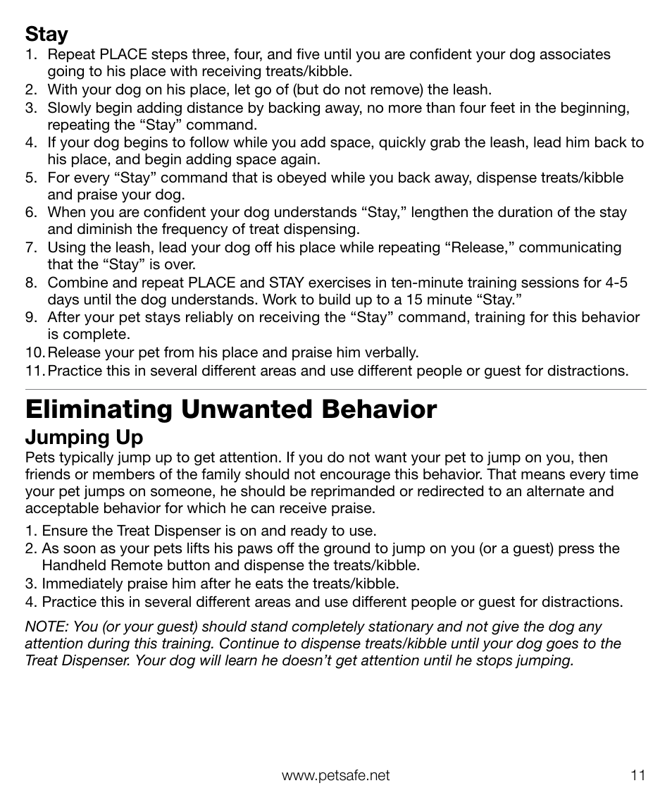 Eliminating unwanted behavior, Stay, Jumping up | Petsafe Train ‘n Praise™ Treat Dispenser User Manual | Page 11 / 20