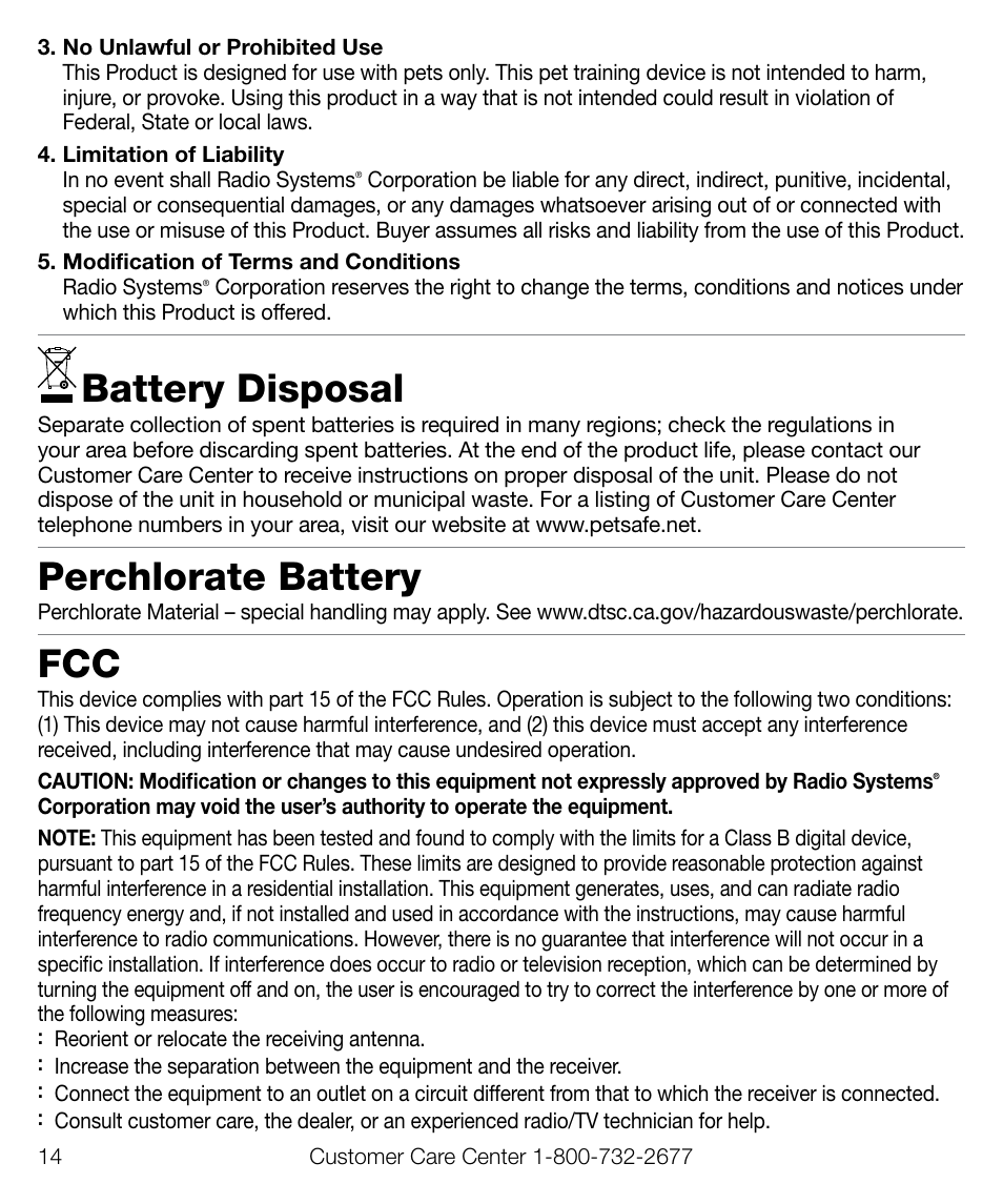 Battery disposal, Perchlorate battery | Petsafe Train ‘n Praise™ Treat Dispenser User Manual | Page 14 / 20