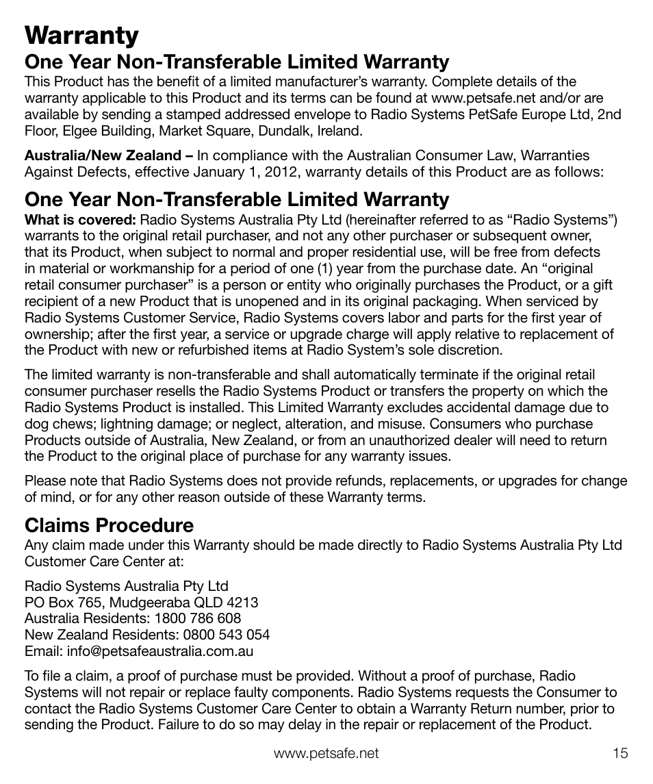Warranty, One year non-transferable limited warranty, Claims procedure | Petsafe Train ‘n Praise™ Treat Dispenser User Manual | Page 15 / 20
