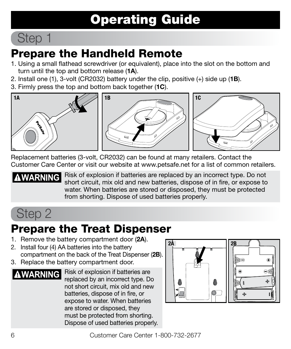 Operating guide step 1, Step 2, Prepare the handheld remote | Prepare the treat dispenser | Petsafe Train ‘n Praise™ Treat Dispenser User Manual | Page 6 / 20