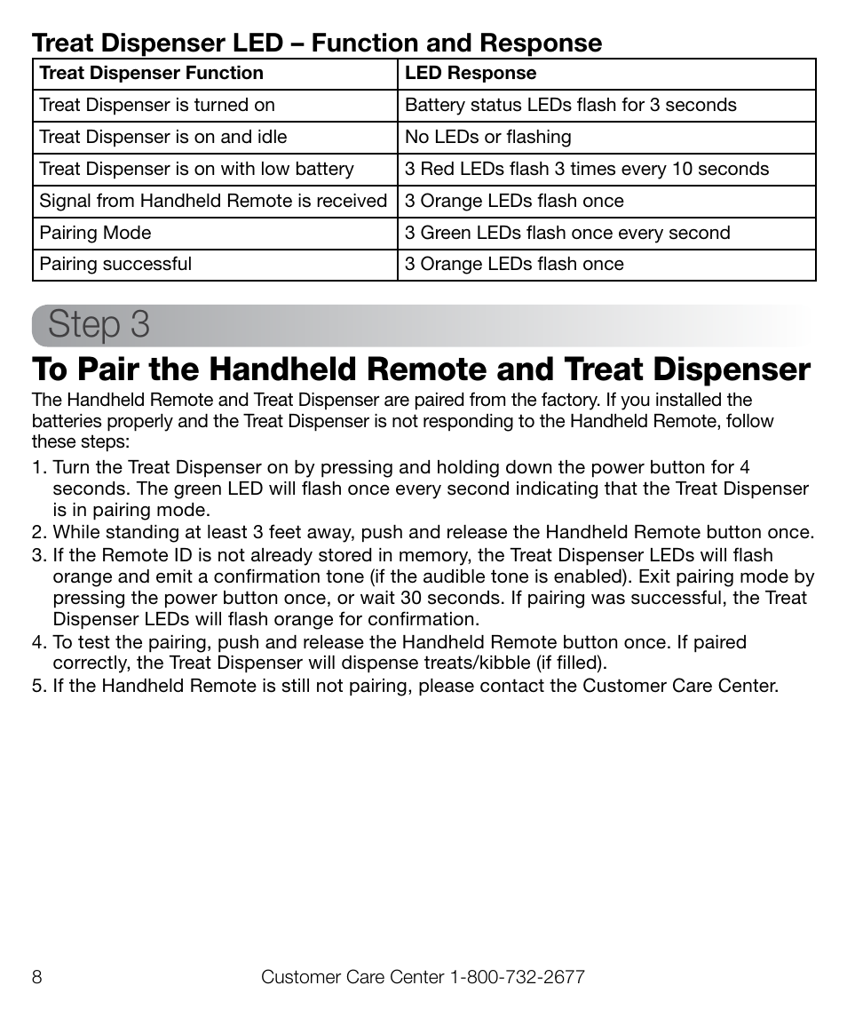 Step 3, Treat dispenser led – function and response | Petsafe Train ‘n Praise™ Treat Dispenser User Manual | Page 8 / 20