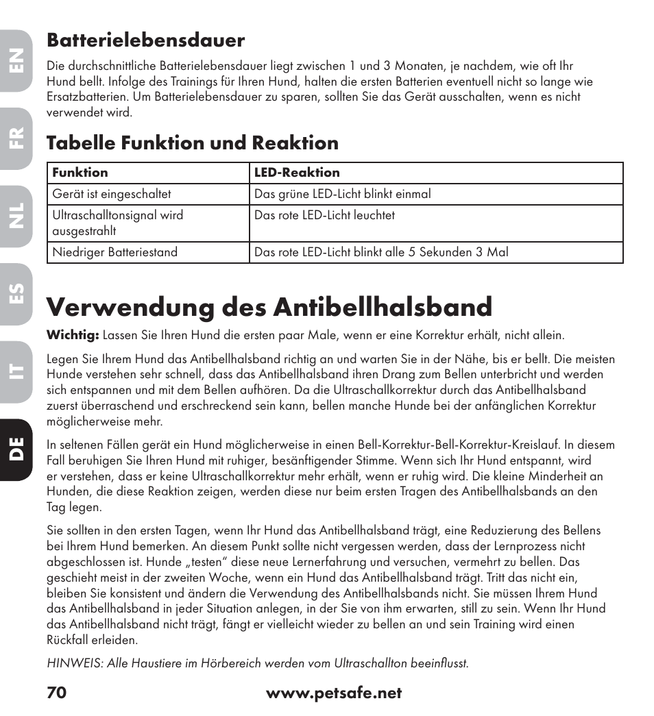 Verwendung des antibellhalsband, En es fr it nl de batterielebensdauer, Tabelle funktion und reaktion | Petsafe Ultrasonic Bark Control Collar User Manual | Page 70 / 75
