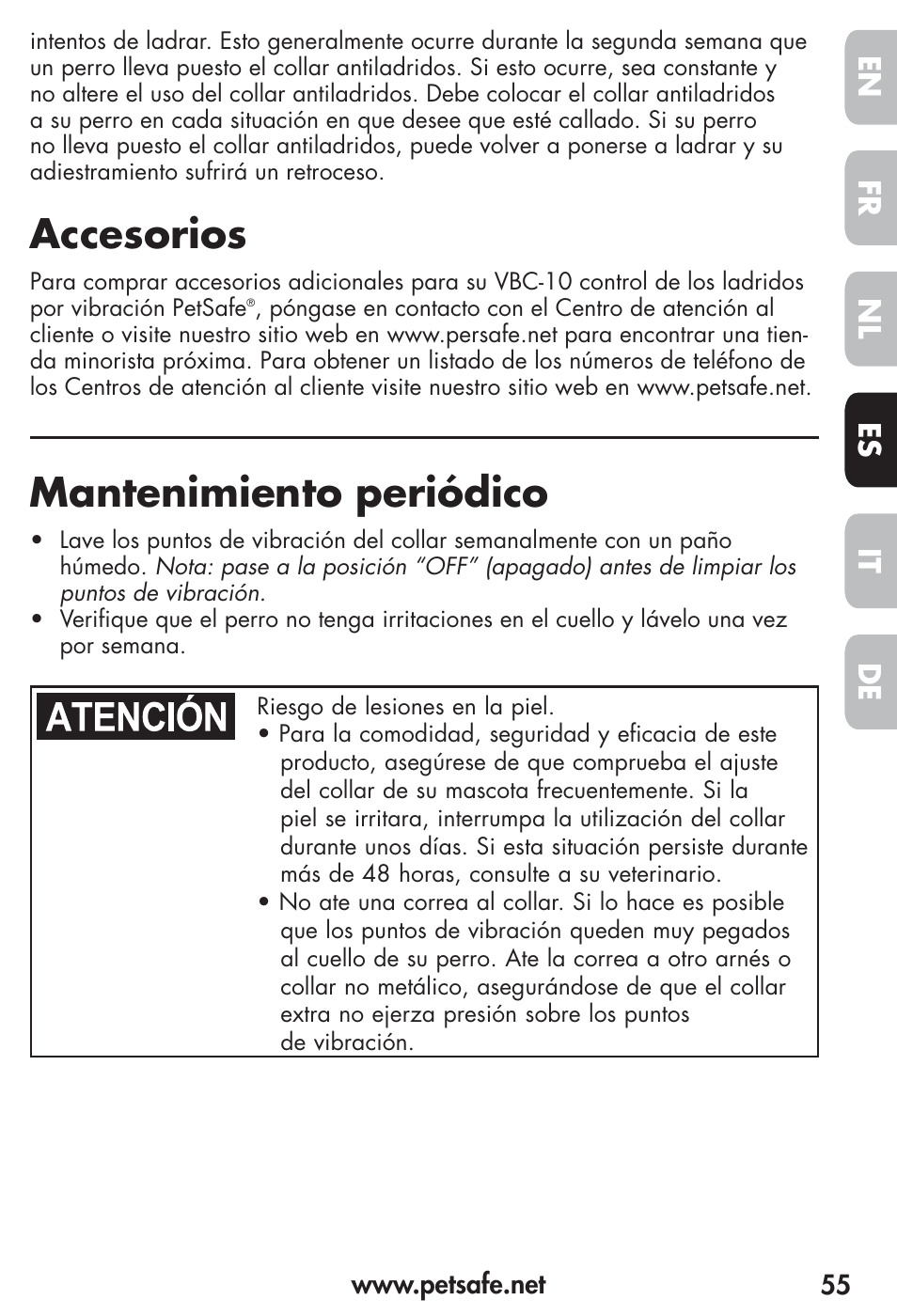 Accesorios, Mantenimiento periódico, Fr es nl it de en | Petsafe Vibration Bark Control Collar User Manual | Page 55 / 90