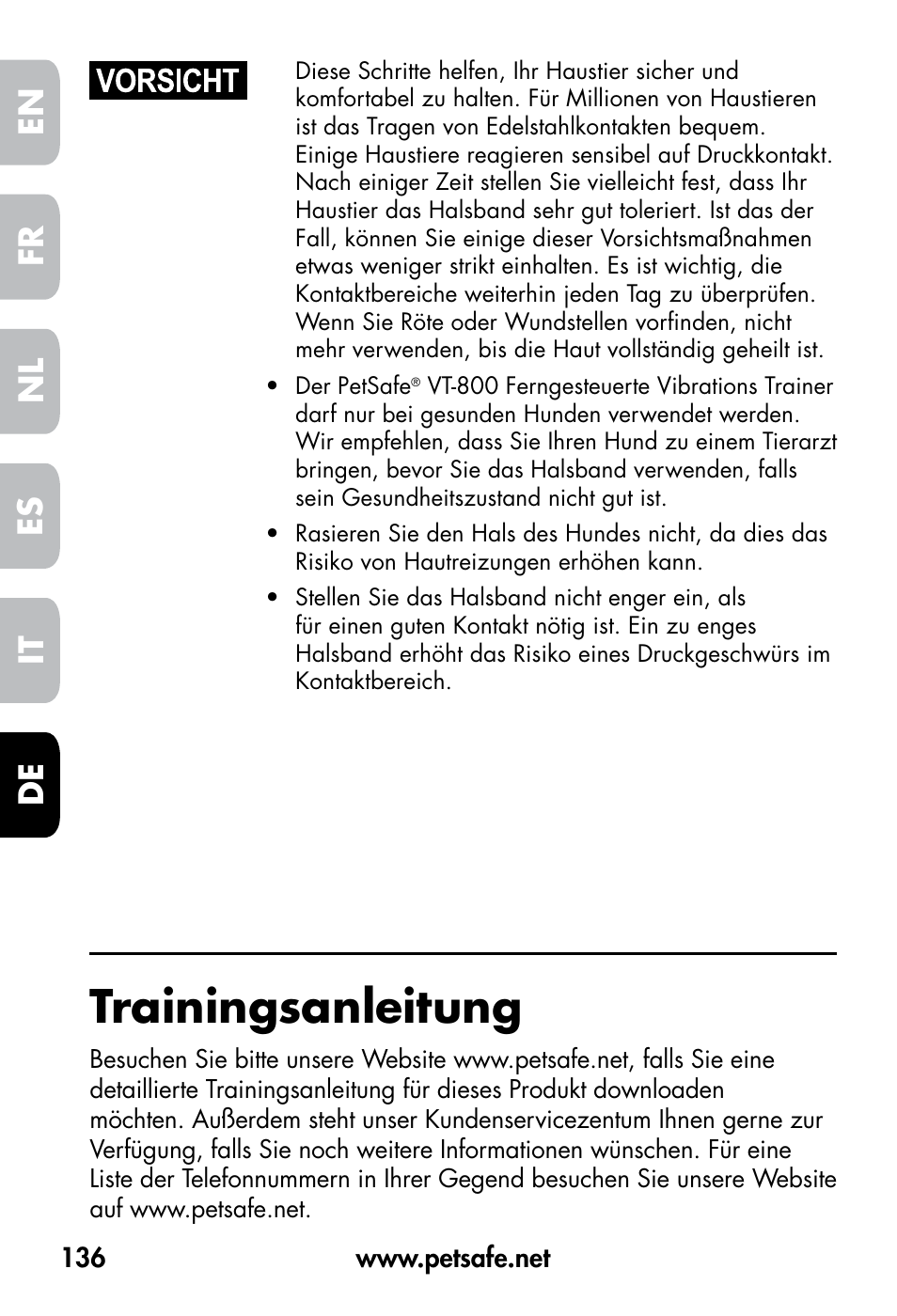 Trainingsanleitung, De fr es nl it en | Petsafe VT-800 Remote Vibration Trainer User Manual | Page 136 / 160
