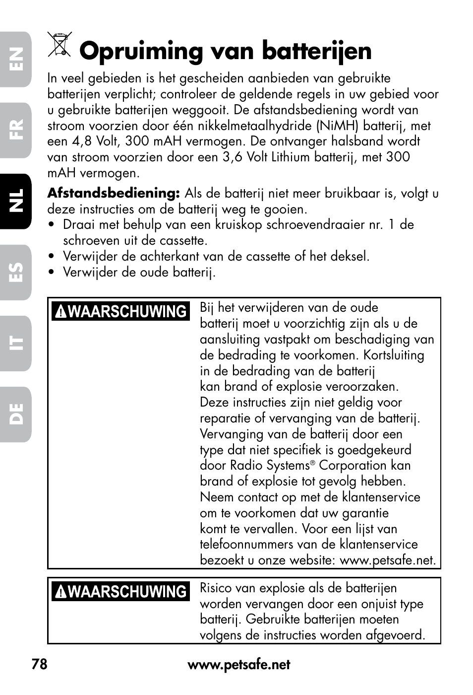 Opruiming van batterijen, De fr es nl it en | Petsafe VT-800 Remote Vibration Trainer User Manual | Page 78 / 160