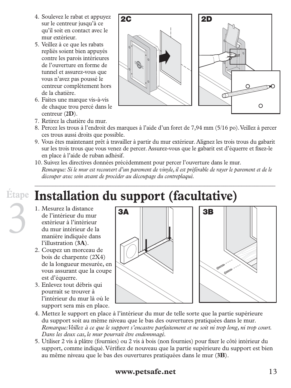 Installation du support (facultative), Étape | Petsafe Wall Entry Pet Door User Manual | Page 13 / 24