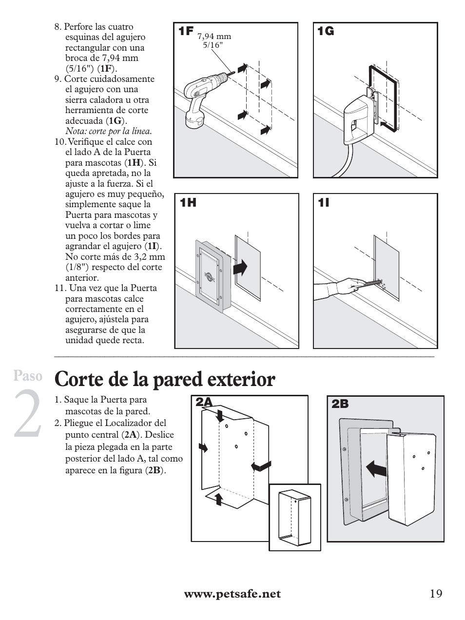 Corte de la pared exterior, Paso | Petsafe Wall Entry Pet Door User Manual | Page 19 / 24