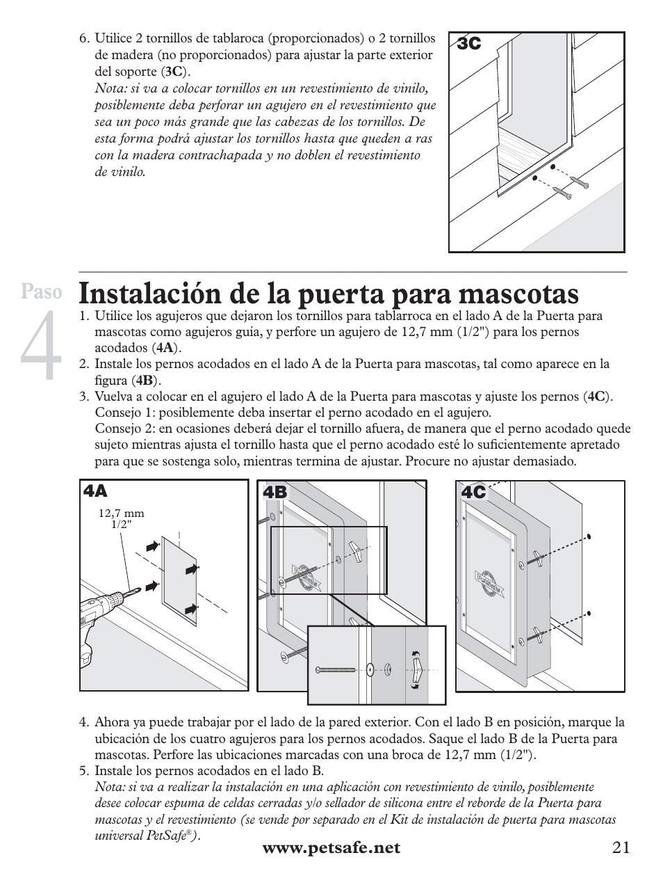 Instalación de la puerta para mascotas, Paso | Petsafe Wall Entry Pet Door User Manual | Page 21 / 24