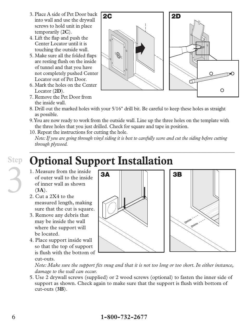 Optional support installation, Step | Petsafe Wall Entry Pet Door User Manual | Page 6 / 24