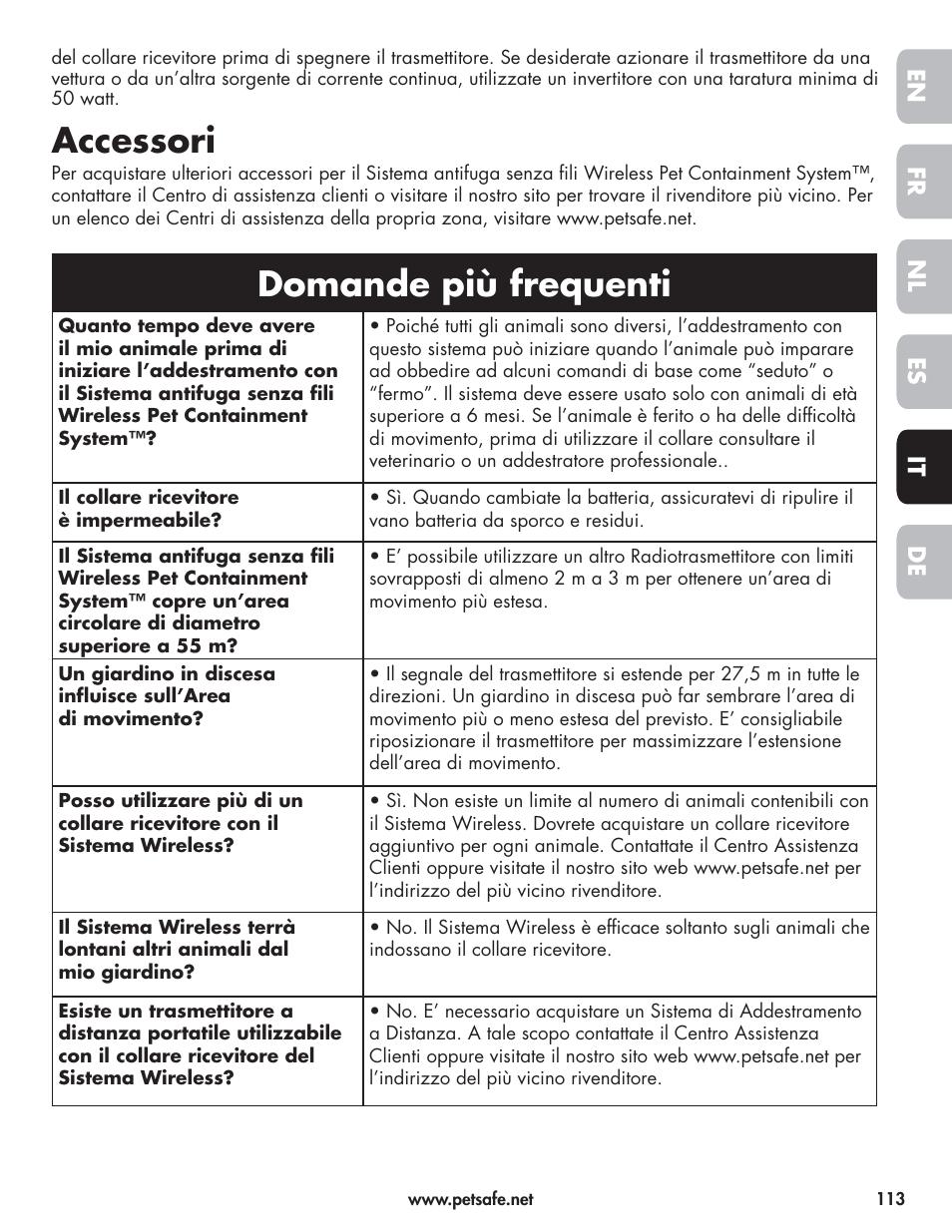 Accessori, Domande più frequenti | Petsafe Wireless Pet Containment System PIF-300-21 User Manual | Page 113 / 144